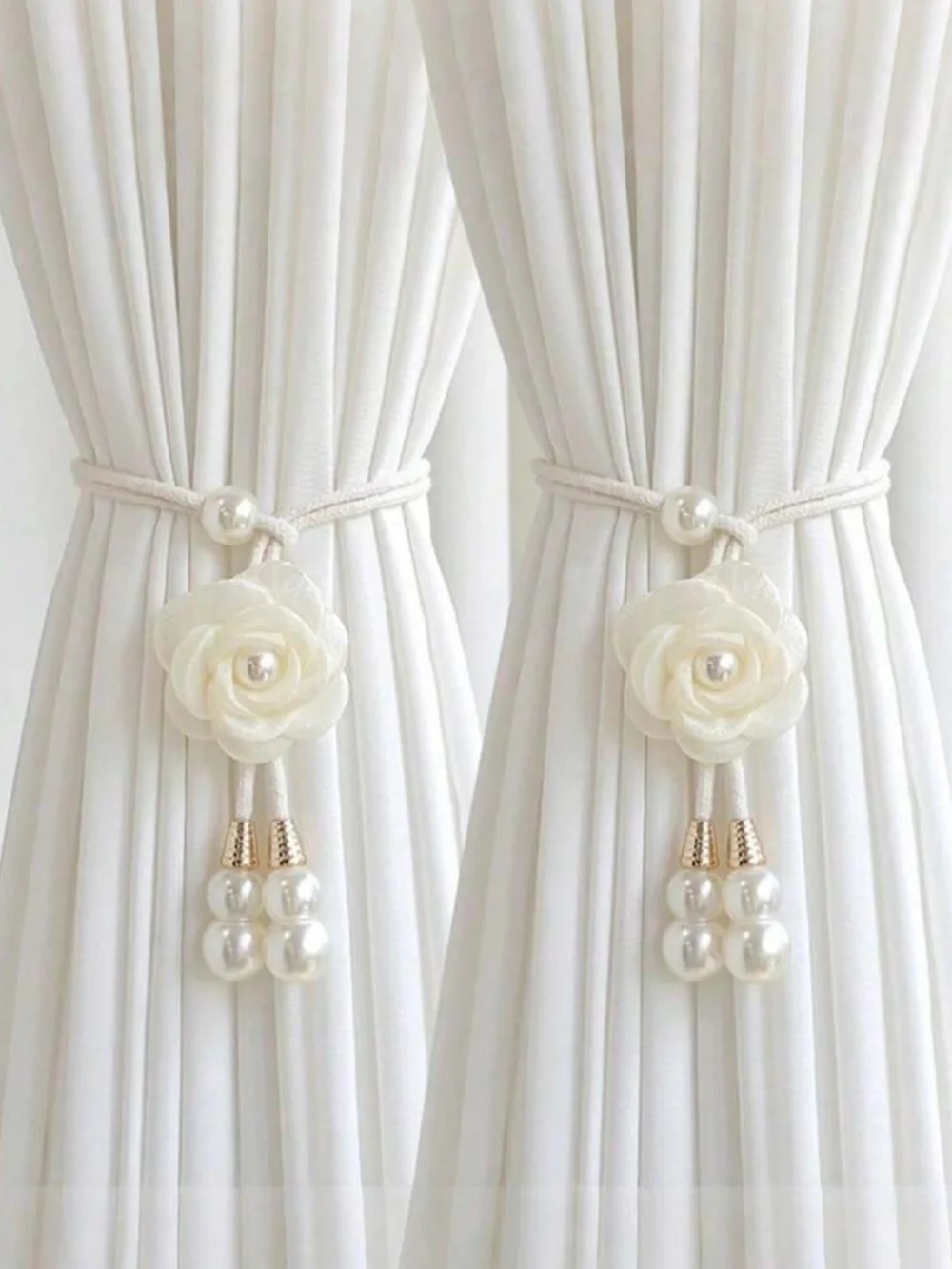 Set of 2 Rose Curtain Tiebacks Pearl Floral  Curtain Holdbacks